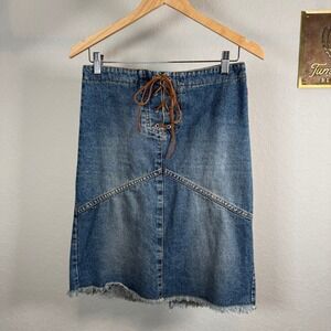 HOT KISS Denim Lace Up Front Midi Skirt Frayed Hem Women's Size 5